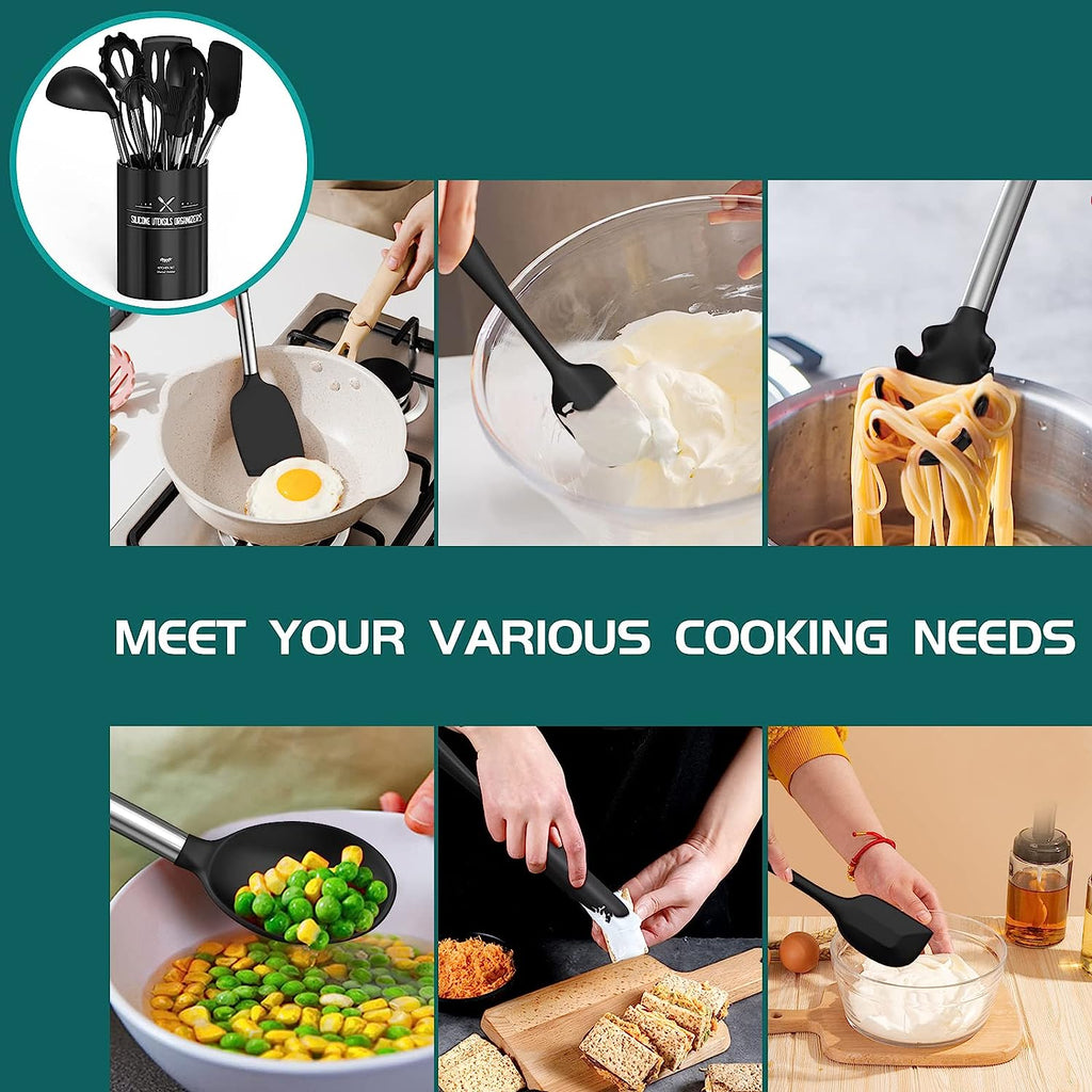 Silicone Cooking Utensil Set,  15Pcs Silicone Cooking Kitchen Utensils Set, Non-Stick - Best Kitchen Cookware with Stainless Steel Handle - Black Kitchen Utensils