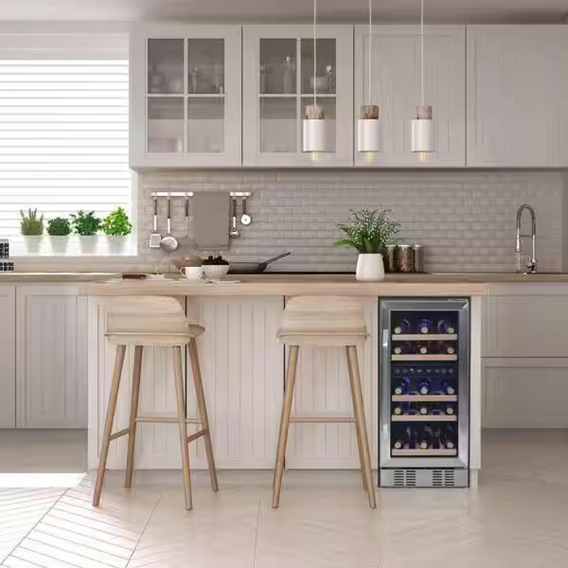Dual Zone 29-Bottle Built-In Compressor Wine Cooler Fridge Quiet Operation and Beech Wood Shelves, Stainless Steel