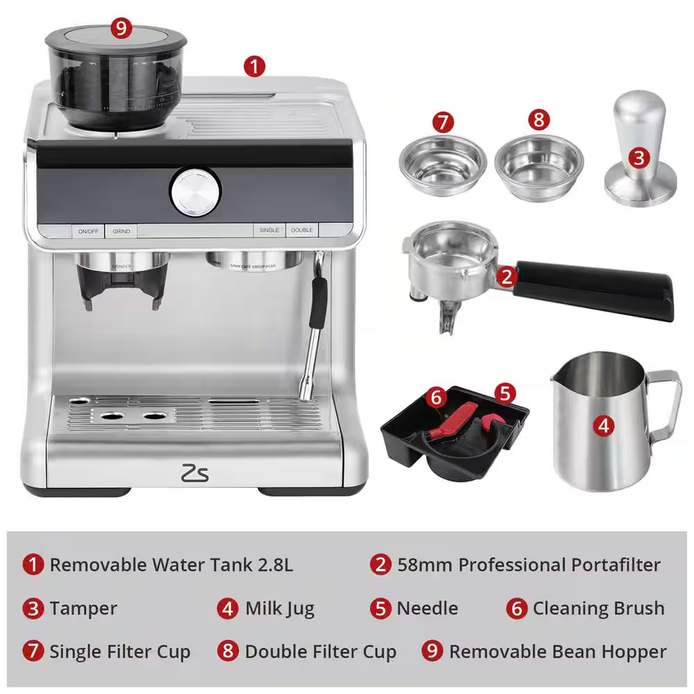 2-Cup Semi-Automatic Espresso Machine in Silver with Built-In Grinder, Milk Frothier, 20 Bar