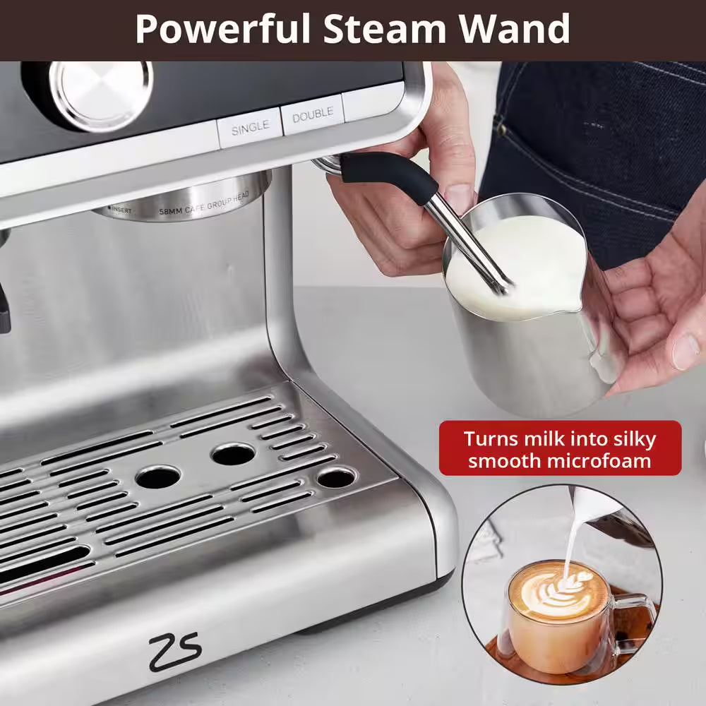 2-Cup Semi-Automatic Espresso Machine in Silver with Built-In Grinder, Milk Frothier, 20 Bar