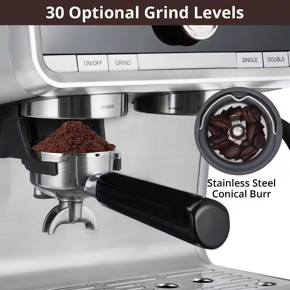 2-Cup Semi-Automatic Espresso Machine in Silver with Built-In Grinder, Milk Frothier, 20 Bar