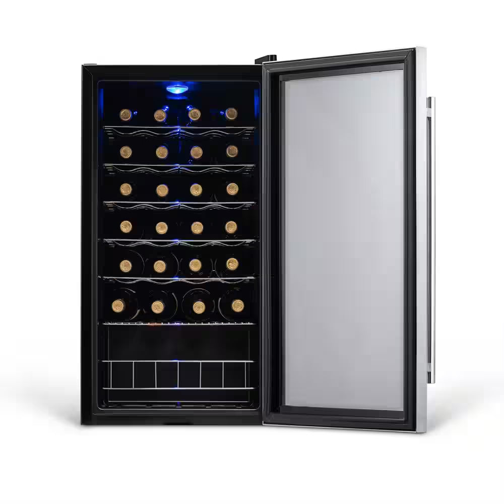 Single Zone 27-Bottle Freestanding Wine Cooler Fridge with Exterior Digital Thermostat and Chrome Racks, Stainless Steel