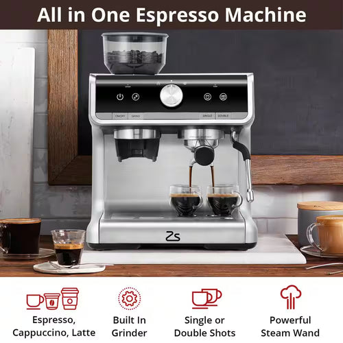 2-Cup Semi-Automatic Espresso Machine in Silver with Built-In Grinder, Milk Frothier, 20 Bar