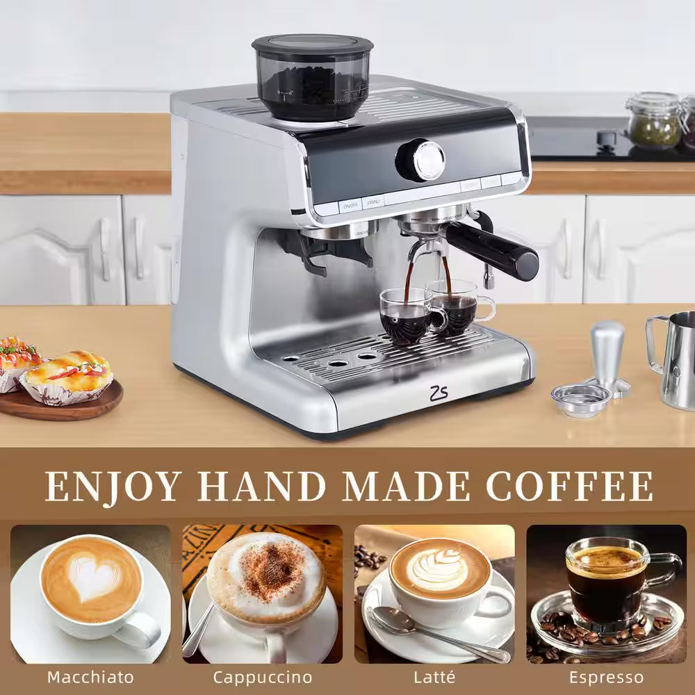 2-Cup Semi-Automatic Espresso Machine in Silver with Built-In Grinder, Milk Frothier, 20 Bar