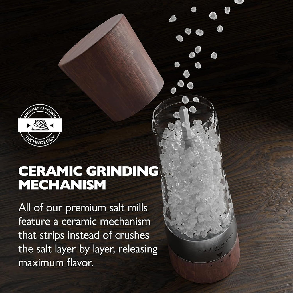 Derwent Salt Mill - Gourmet Precision Salt Grinder - Refillable Seasoning and Spice Tools - Adjustable Seat, Himalayan and Kosher Salt Grinder Settings - Forest Wood