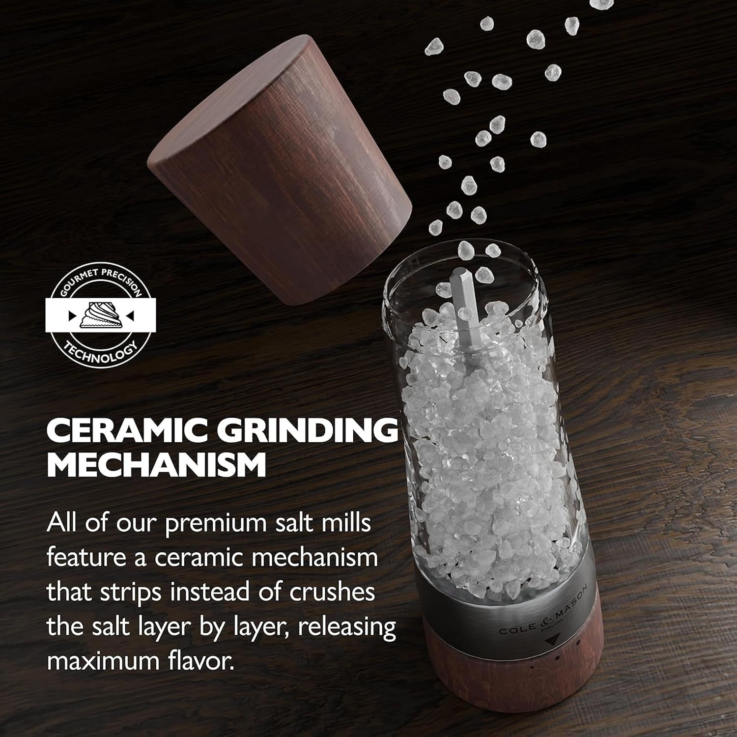 Derwent Salt Mill - Gourmet Precision Salt Grinder - Refillable Seasoning and Spice Tools - Adjustable Seat, Himalayan and Kosher Salt Grinder Settings - Forest Wood