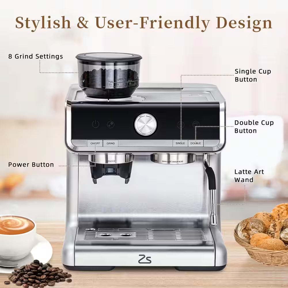 2-Cup Semi-Automatic Espresso Machine in Silver with Built-In Grinder, Milk Frothier, 20 Bar