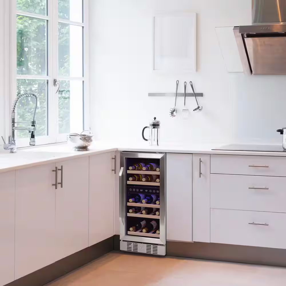 Dual Zone 29-Bottle Built-In Compressor Wine Cooler Fridge Quiet Operation and Beech Wood Shelves, Stainless Steel