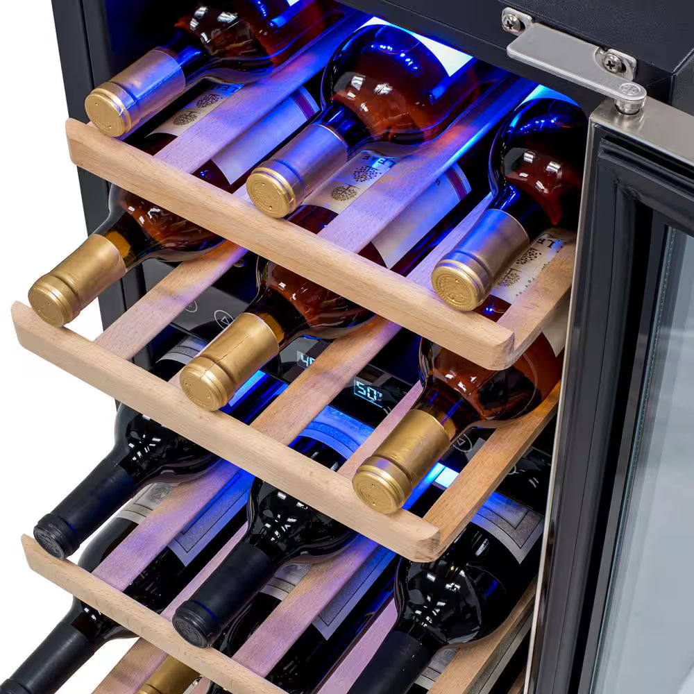 Dual Zone 29-Bottle Built-In Compressor Wine Cooler Fridge Quiet Operation and Beech Wood Shelves, Stainless Steel